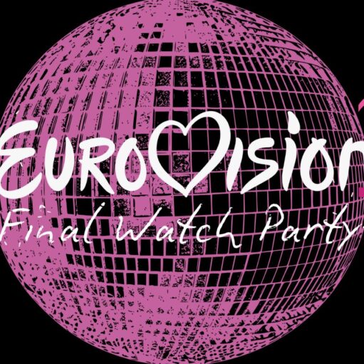 A pink-and-black textured disco ball on a black background. The official Eurovision logo in white script, featuring its iconic heart shape, is centered on the ball. Below it, the words "Final Watch Party" are written in a casual, white cursive font. Pink confetti pieces are scattered around the edges.