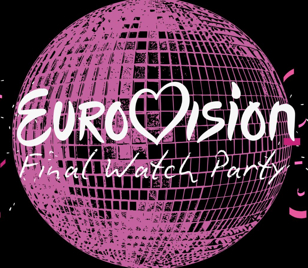 A pink-and-black textured disco ball on a black background. The official Eurovision logo in white script, featuring its iconic heart shape, is centered on the ball. Below it, the words "Final Watch Party" are written in a casual, white cursive font. Pink confetti pieces are scattered around the edges.