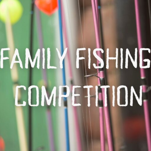 A blurred close-up shot of several colorful fishing rods and bright floats. Overlaid in the center is the text "FAMILY FISHING COMPETITION" in a white, distressed block font.