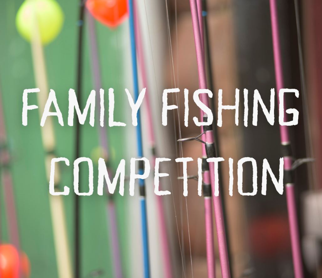 A blurred close-up shot of several colorful fishing rods and bright floats. Overlaid in the center is the text "FAMILY FISHING COMPETITION" in a white, distressed block font.