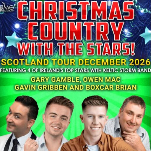 An event poster for "Christmas Country With The Stars!" featuring the Scotland Tour in December 2026. The top half has festive red and white text over a blue background with Christmas tree branches and stars. The bottom half features a green sunburst background with photos of four performers: Gary Gamble, Owen Mac, Gavin Gribben, and Boxcar Brian, accompanied by the Keltic Storm Band.