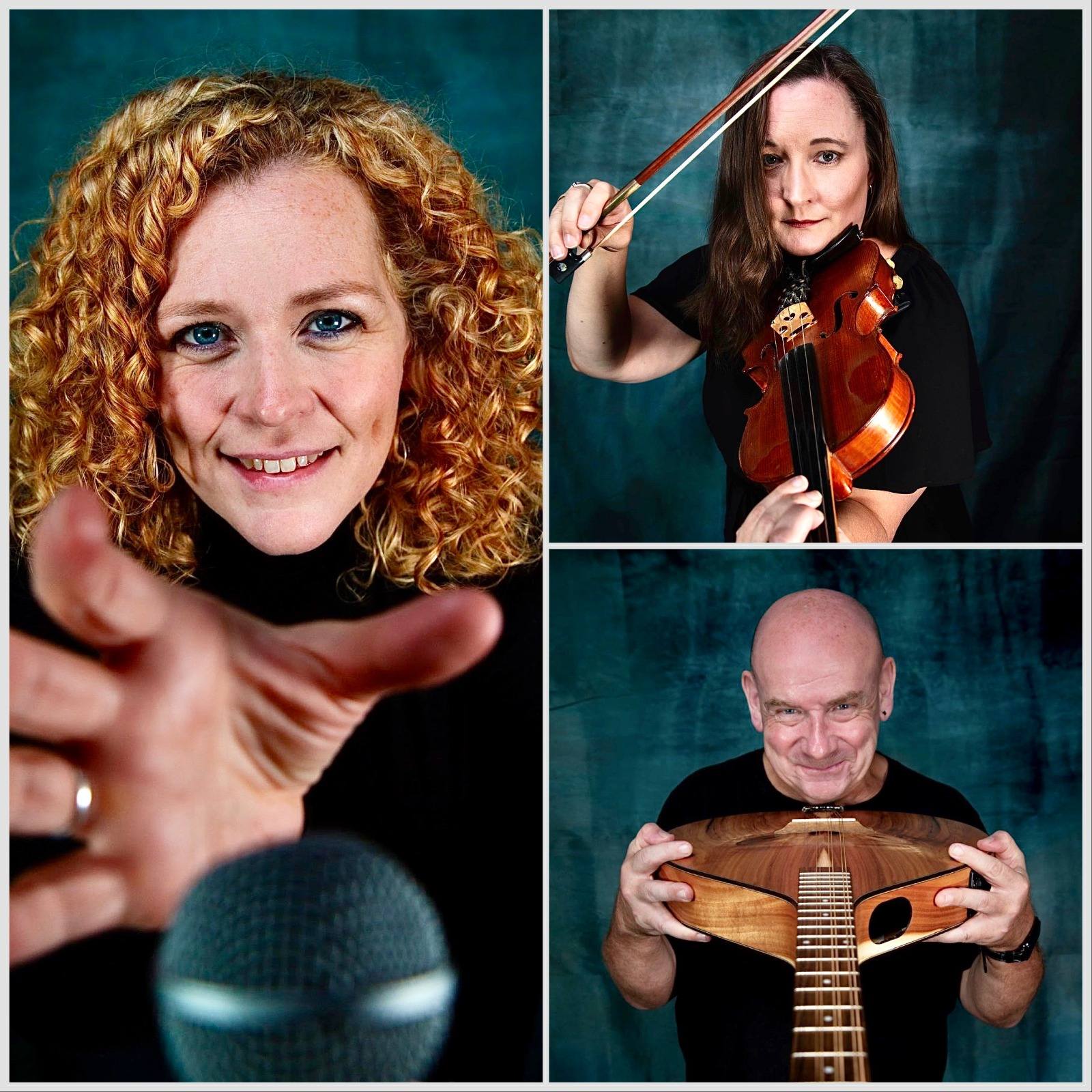 A collage of three portraits against a dark teal background featuring members of the Eilidh Grant Trio. The large photo on the left shows a woman with curly strawberry-blonde hair smiling and reaching her hand toward a microphone in the foreground. The top right photo shows a woman playing a violin, and the bottom right photo shows a bald man smiling while holding a wooden stringed instrument, likely a bouzouki or mandolin.