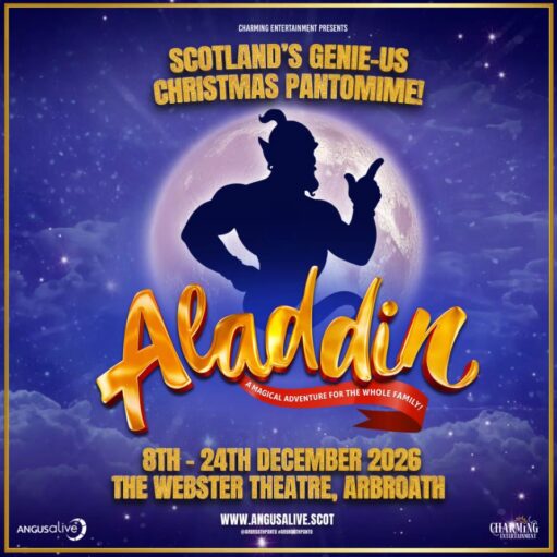 Promotional poster for "Aladdin," a Christmas pantomime at The Webster Theatre, Arbroath, from December 8th to 24th, 2026. The image features a large silhouette of a genie against a full moon and starry night sky, with the title "Aladdin" in gold 3D lettering. Logos for Angus Alive and Charming Entertainment appear at the bottom.