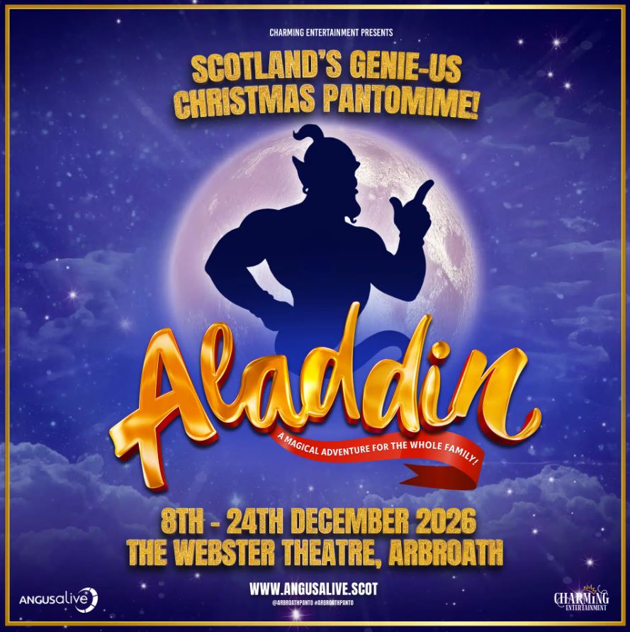 Promotional poster for "Aladdin," a Christmas pantomime at The Webster Theatre, Arbroath, from December 8th to 24th, 2026. The image features a large silhouette of a genie against a full moon and starry night sky, with the title "Aladdin" in gold 3D lettering. Logos for Angus Alive and Charming Entertainment appear at the bottom.