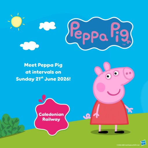 A bright promotional graphic featuring the character Peppa Pig standing on a green hill under a sunny blue sky with clouds. The "Peppa Pig" logo is in the top right, and white text on the left reads: "Meet Peppa Pig at intervals on Sunday 21st June 2026!" A pink splash-shaped icon at the bottom contains the words "Caledonian Railway."