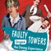 A promotional image against a red background featuring three actors portraying characters from "Fawlty Towers." On the left, a woman with styled blonde hair and a blue patterned suit laughs heartily. In the upper right, a man in a brown blazer and striped tie looks annoyed while holding a newspaper, and below him, a man in a white waiter's jacket poses comically. A teal splash graphic in the foreground contains the white text "FAULTY TOWERS Original the Dining Experience" above a layer of white clouds.