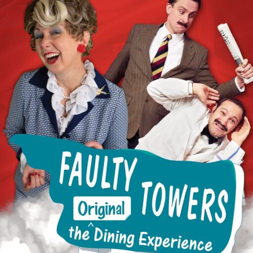 A promotional image against a red background featuring three actors portraying characters from "Fawlty Towers." On the left, a woman with styled blonde hair and a blue patterned suit laughs heartily. In the upper right, a man in a brown blazer and striped tie looks annoyed while holding a newspaper, and below him, a man in a white waiter's jacket poses comically. A teal splash graphic in the foreground contains the white text "FAULTY TOWERS Original the Dining Experience" above a layer of white clouds.