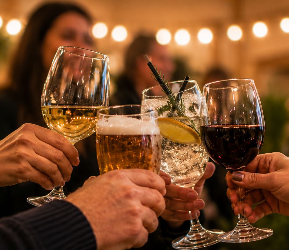 A close-up shot showing a group of people raising their glasses together in a celebratory toast. The selection of alcoholic drinks includes a glass of white wine, a pint of foamy beer, a cocktail garnished with a lemon slice and a sprig of rosemary, and a glass of red wine. The background is softly blurred with warm, glowing string lights and indistinct figures at a social gathering or party.