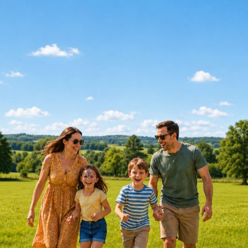 A happy family of four running through a vibrant green field on a bright, sunny day. A mother in a yellow patterned dress and sunglasses holds hands with her young daughter, who has colorful face paint. Next to them, a young boy in a blue-and-white striped shirt runs ahead, smiling, while his father in a green t-shirt and shorts looks on. In the background, rolling green hills and trees sit beneath a clear blue sky dotted with a few fluffy white clouds.