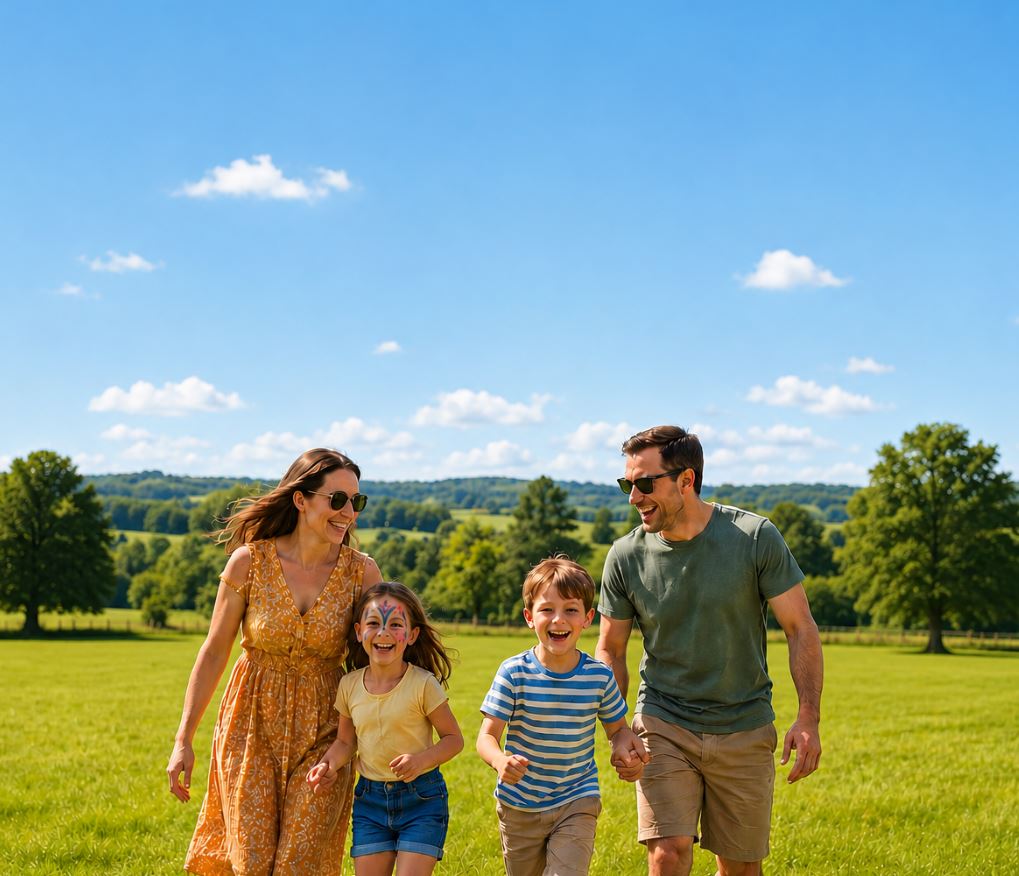 A happy family of four running through a vibrant green field on a bright, sunny day. A mother in a yellow patterned dress and sunglasses holds hands with her young daughter, who has colorful face paint. Next to them, a young boy in a blue-and-white striped shirt runs ahead, smiling, while his father in a green t-shirt and shorts looks on. In the background, rolling green hills and trees sit beneath a clear blue sky dotted with a few fluffy white clouds.