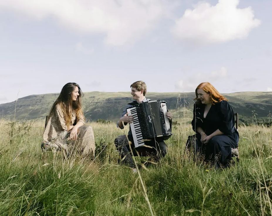Three musicians sitting in a tall, grassy field with rolling green hills and a bright sky in the background. In the center, a young man plays a large black accordion, smiling toward a woman on the left who wears a long patterned dress. On the right, a woman with long red hair wearing a dark dress laughs, enjoying the performance.