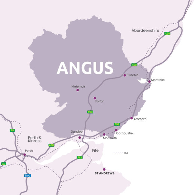 Map highlighting the Angus region locating nearby Dundee, Perth & Kinross, Fife and Aberdeenshire.