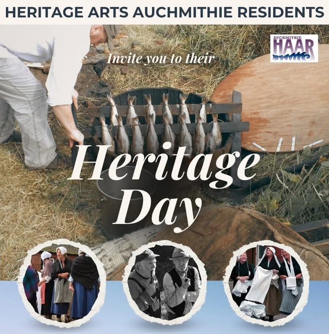 Promotional poster for a Heritage Day event by Heritage Arts Auchmithie Residents, featuring people preparing fish outdoors, traditional-costume scenes in circular photos, and large text inviting visitors to a community heritage celebration.