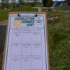 Clipboard displaying a “Charleton Summer Hunt” activity sheet in a farm park, with playground equipment, benches, and grassy outdoor areas visible in the background.