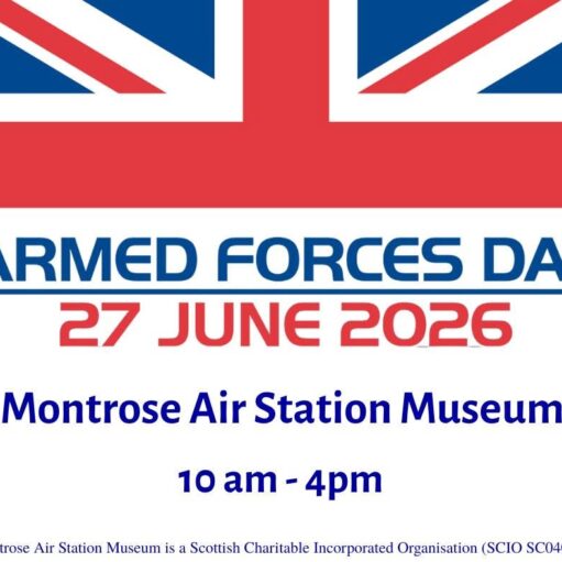 Poster with a Union Jack banner reading “Armed Forces Day, 27 June 2026,” at Montrose Air Station Museum, 10am–4pm.
