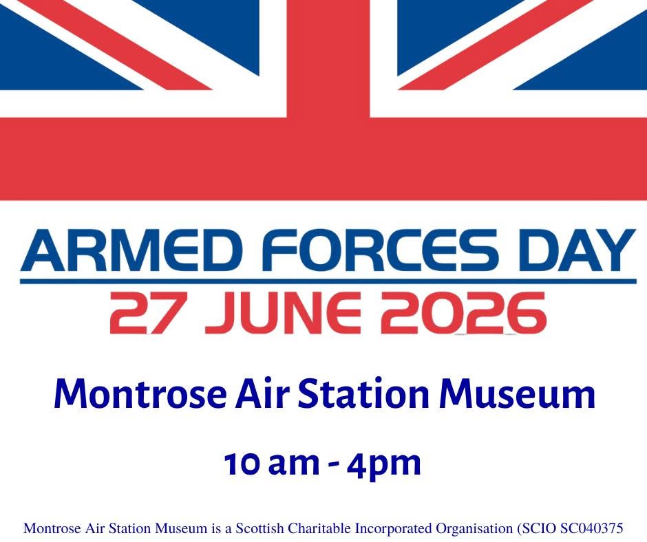 Poster with a Union Jack banner reading “Armed Forces Day, 27 June 2026,” at Montrose Air Station Museum, 10am–4pm.