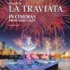 Promotional poster for Verdi’s La Traviata at Handa Opera on Sydney Harbour, showing a stage performance on the water with fireworks lighting up the skyline.