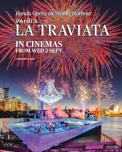 Promotional poster for Verdi’s La Traviata at Handa Opera on Sydney Harbour, showing a stage performance on the water with fireworks lighting up the skyline.