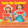 Promotional poster for Angus Alive Holiday Activities Summer 2026 showing two surprised children holding slices of watermelon against a bright orange background. Large text reads “Taste the Summer!” with event dates 6 July–17 August 2026 and the website angusalive.scot/holiday-activities.