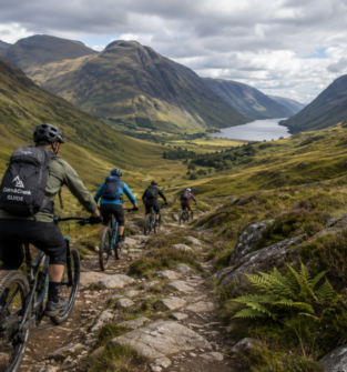 Group of mountain bikers riding down a rocky trail through a green valley, with a lake and towering mountains in the distance under a cloudy sky.
