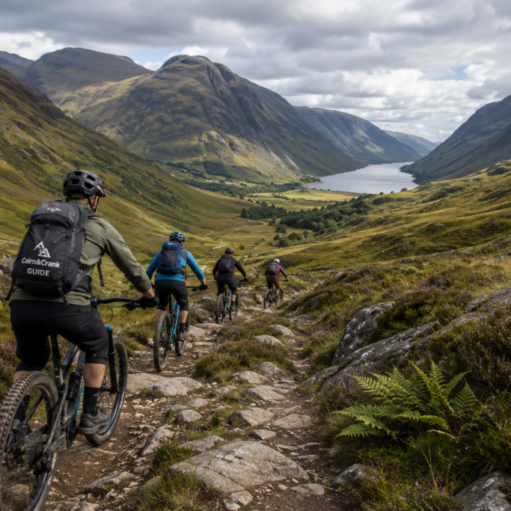 Group of mountain bikers riding down a rocky trail through a green valley, with a lake and towering mountains in the distance under a cloudy sky.