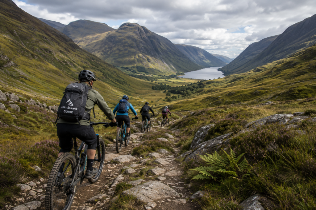 Group of mountain bikers riding down a rocky trail through a green valley, with a lake and towering mountains in the distance under a cloudy sky.