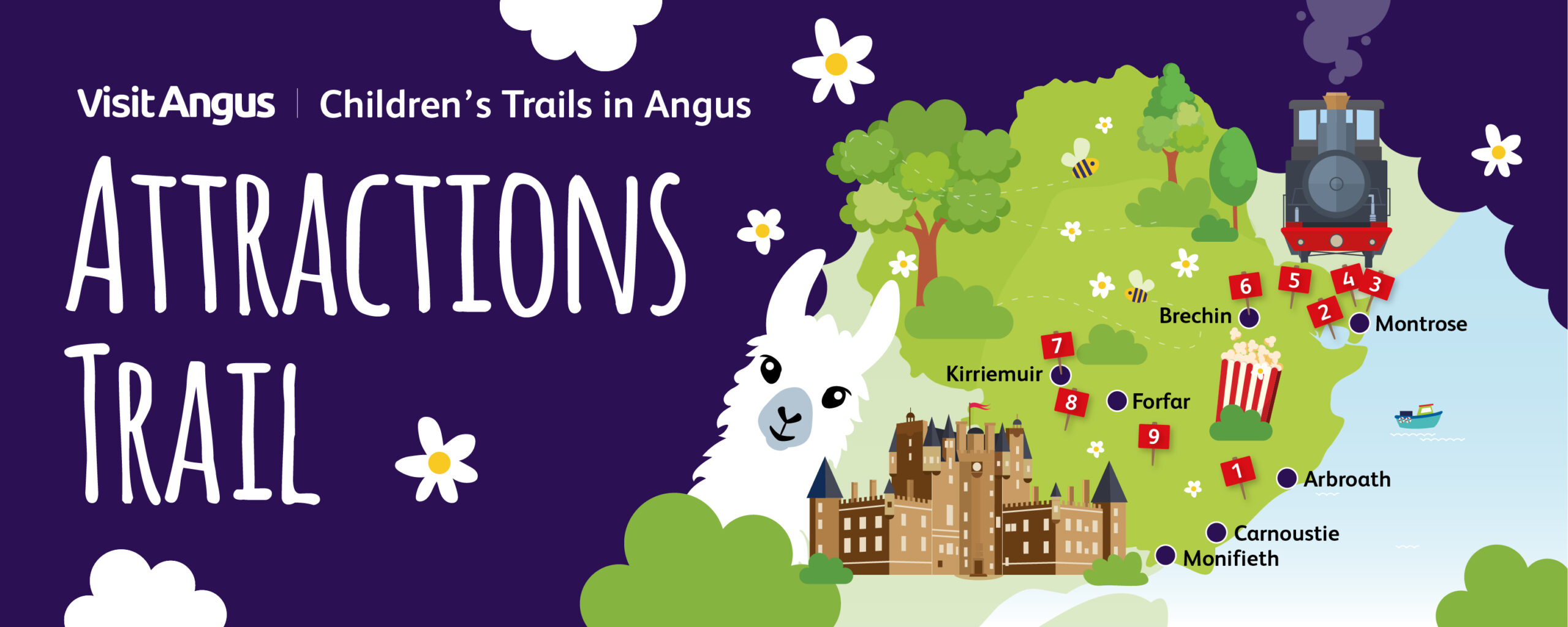 Illustrated “Attractions Trail” map featuring family attractions across Angus, with numbered locations near Arbroath, Montrose, Forfar, Kirriemuir and Brechin, alongside colourful icons including a castle, steam train, llama and popcorn.