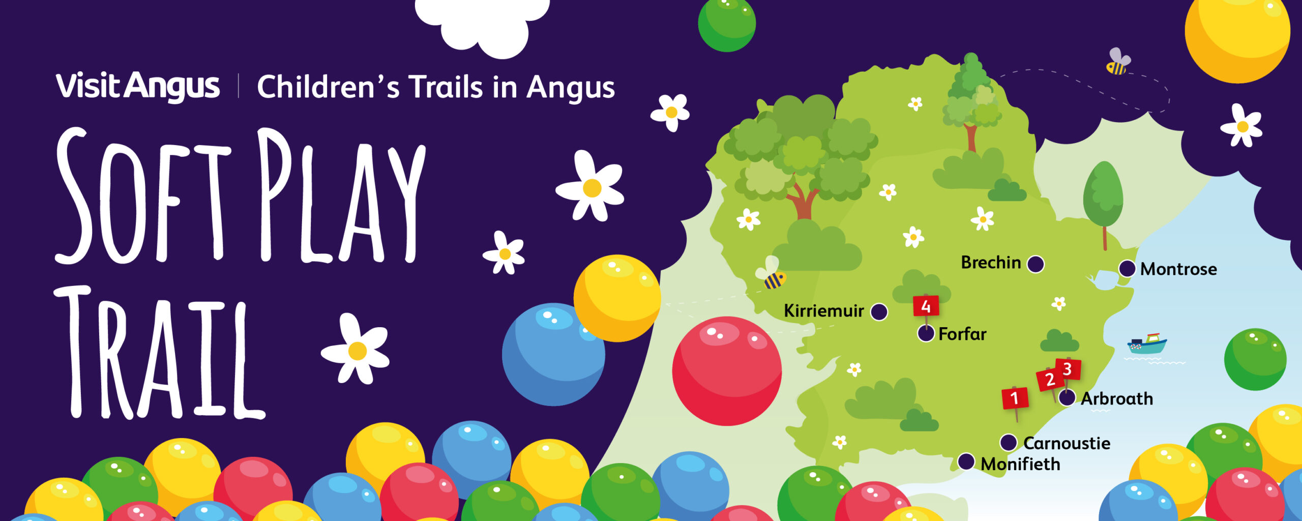 Illustrated “Soft Play Trail” map highlighting indoor play venues across Angus, with numbered locations near Arbroath and Forfar, surrounded by colourful ball-pit balls, trees, flowers and bees.