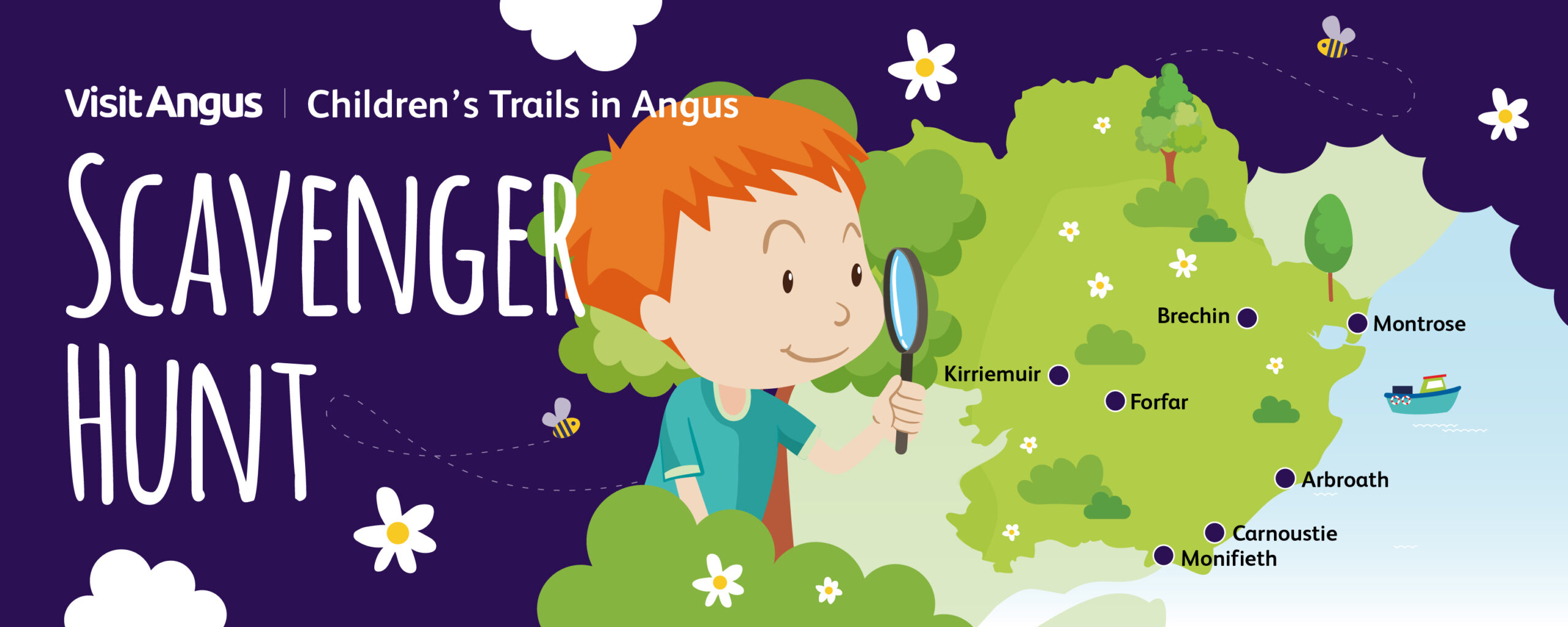 Illustrated “Scavenger Hunt” trail map of Angus, featuring a child holding a magnifying glass beside a map showing locations including Monifieth, Carnoustie, Arbroath, Forfar, Kirriemuir, Brechin and Montrose, with trees, flowers, bees and a boat.