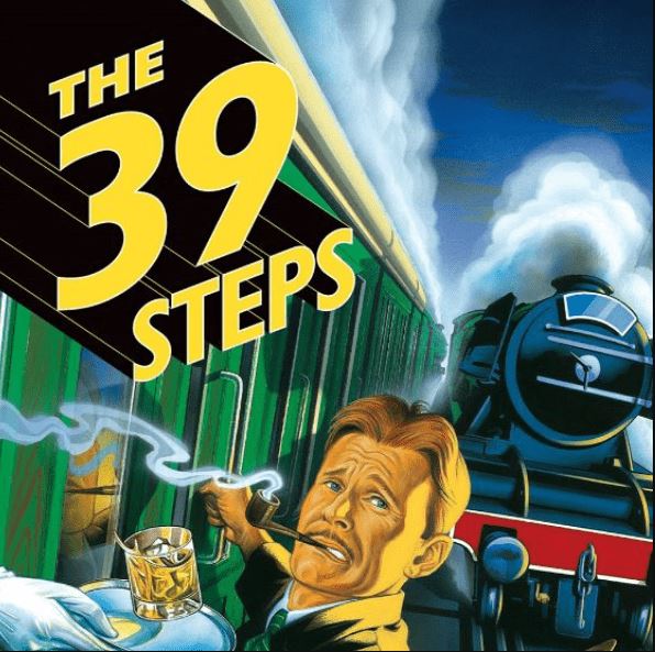 Illustrated poster for The 39 Steps, featuring a steam train, a person leaning from a carriage with a pipe, and the title in large yellow lettering against a dramatic blue sky.