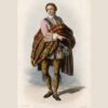 Illustration of a person in traditional Scottish Highland dress, wearing tartan plaid and patterned stockings, standing and holding a bonnet and decorative sporran against a plain background.