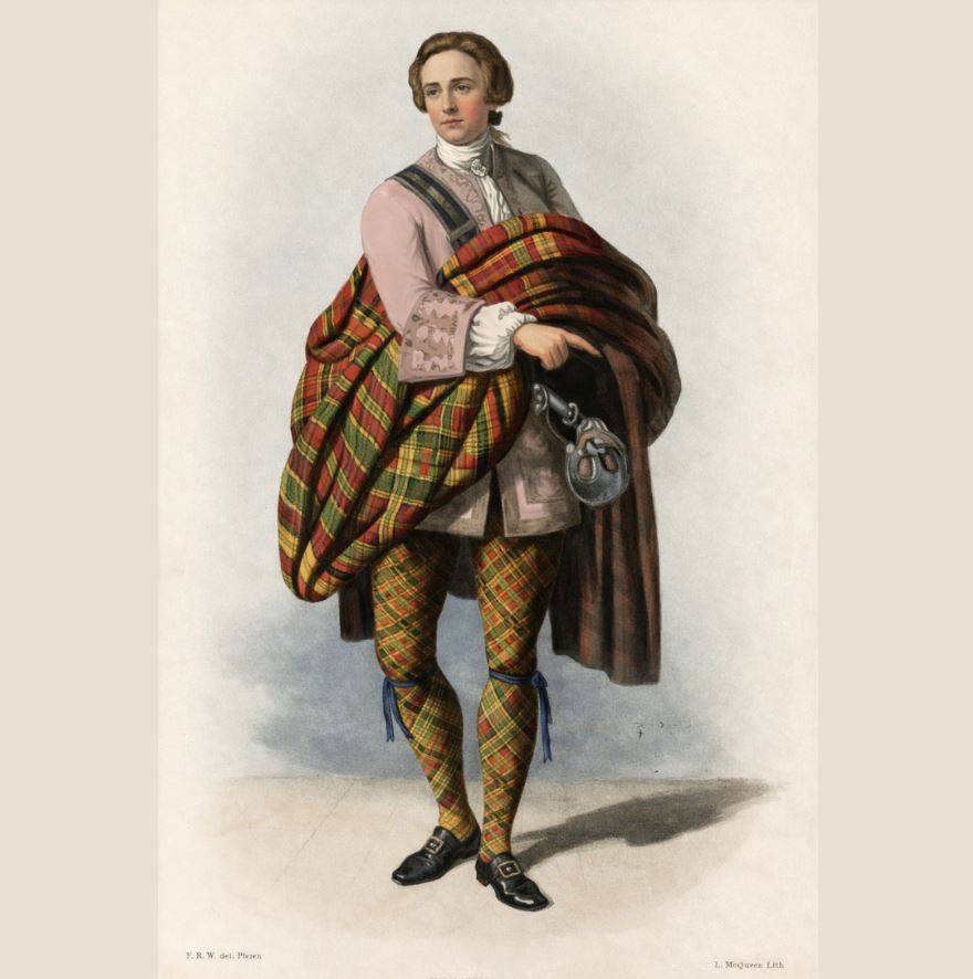 Illustration of a person in traditional Scottish Highland dress, wearing tartan plaid and patterned stockings, standing and holding a bonnet and decorative sporran against a plain background.