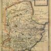 Historic map titled “The Shire of Angus or Forfar”, showing an illustrated antique map of Angus with towns, rivers, mountains and coastline marked in detailed hand-drawn cartography.