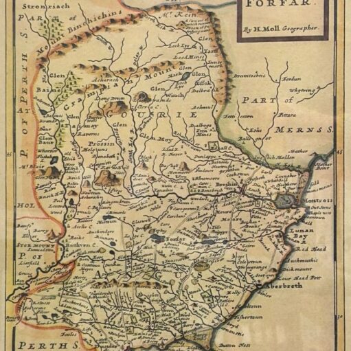 Historic map titled “The Shire of Angus or Forfar”, showing an illustrated antique map of Angus with towns, rivers, mountains and coastline marked in detailed hand-drawn cartography.