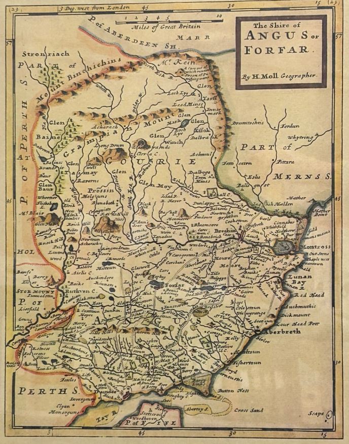 Historic map titled “The Shire of Angus or Forfar”, showing an illustrated antique map of Angus with towns, rivers, mountains and coastline marked in detailed hand-drawn cartography.