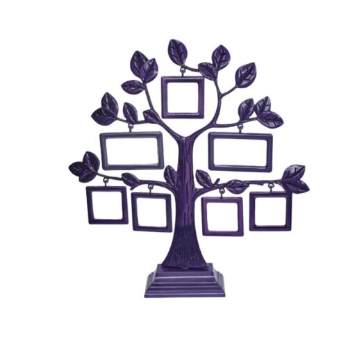 Decorative purple family tree photo frame with branching leaves and seven empty picture holders in various sizes, displayed against a plain light background.