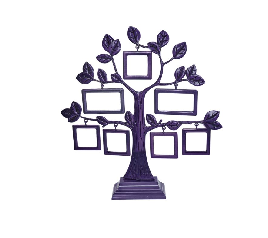 Decorative purple family tree photo frame with branching leaves and seven empty picture holders in various sizes, displayed against a plain light background.