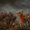 Historic battle painting depicting Highland warriors in tartan clothing clashing with red-coated soldiers armed with muskets and bayonets under a dark, stormy sky, with fallen fighters visible in the foreground.