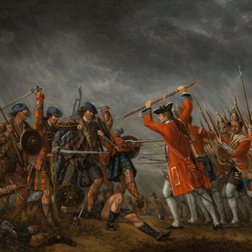 Historic battle painting depicting Highland warriors in tartan clothing clashing with red-coated soldiers armed with muskets and bayonets under a dark, stormy sky, with fallen fighters visible in the foreground.
