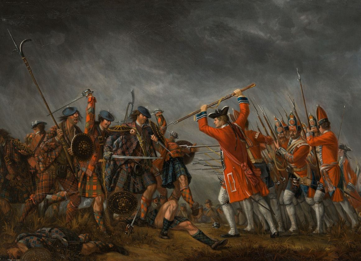 Historic battle painting depicting Highland warriors in tartan clothing clashing with red-coated soldiers armed with muskets and bayonets under a dark, stormy sky, with fallen fighters visible in the foreground.