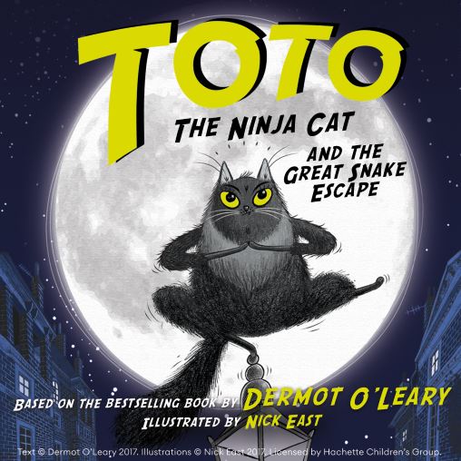Book cover for Toto the Ninja Cat and the Great Snake Escape by Dermot O’Leary, featuring an illustrated grey cat dressed as a ninja in front of a large full moon, with a night-time city skyline in the background.