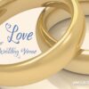 Promotional graphic for a wedding venue featuring two large interlocking gold wedding rings on a cream background, with the text “Love Your Wedding Venue” in blue script and the Angus Alive logo in the corner.