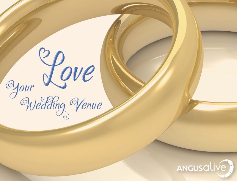 Promotional graphic for a wedding venue featuring two large interlocking gold wedding rings on a cream background, with the text “Love Your Wedding Venue” in blue script and the Angus Alive logo in the corner.
