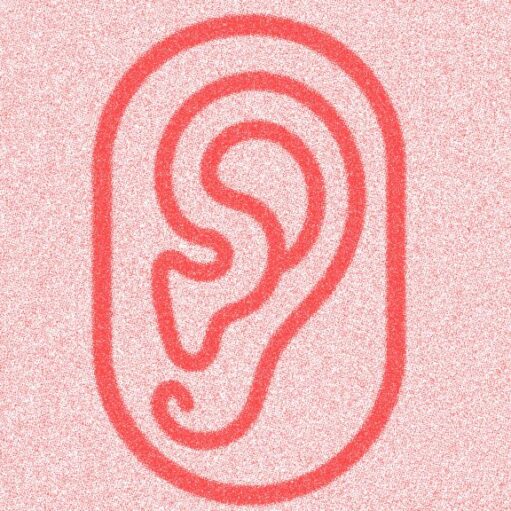 Stylised graphic of a large red ear outlined against a pale speckled background, using simple line art to represent listening, hearing or sound awareness.