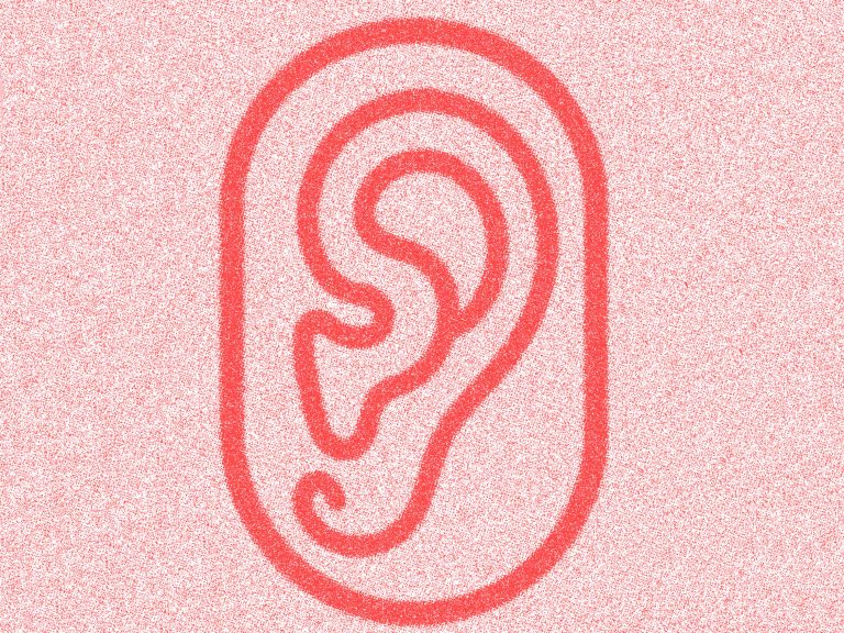 Stylised graphic of a large red ear outlined against a pale speckled background, using simple line art to represent listening, hearing or sound awareness.