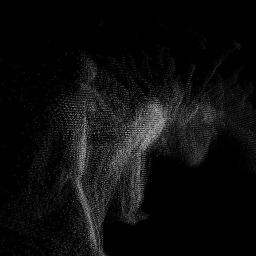 Abstract black-and-white digital artwork showing ghostly human-like forms emerging from a cloud of tiny dots against a black background, creating a sense of movement and shifting shapes.