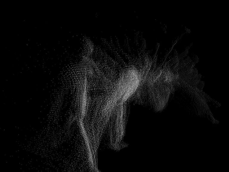 Abstract black-and-white digital artwork showing ghostly human-like forms emerging from a cloud of tiny dots against a black background, creating a sense of movement and shifting shapes.