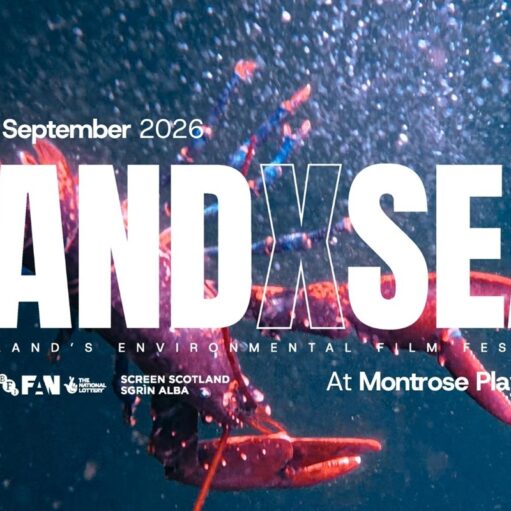 Promotional poster for the LANDxSEA environmental film festival, featuring an underwater photograph of a lobster surrounded by bubbles, with large white text reading “LANDxSEA”, event dates of 11–13 September 2026, and venue information stating “At Montrose Playhouse”.