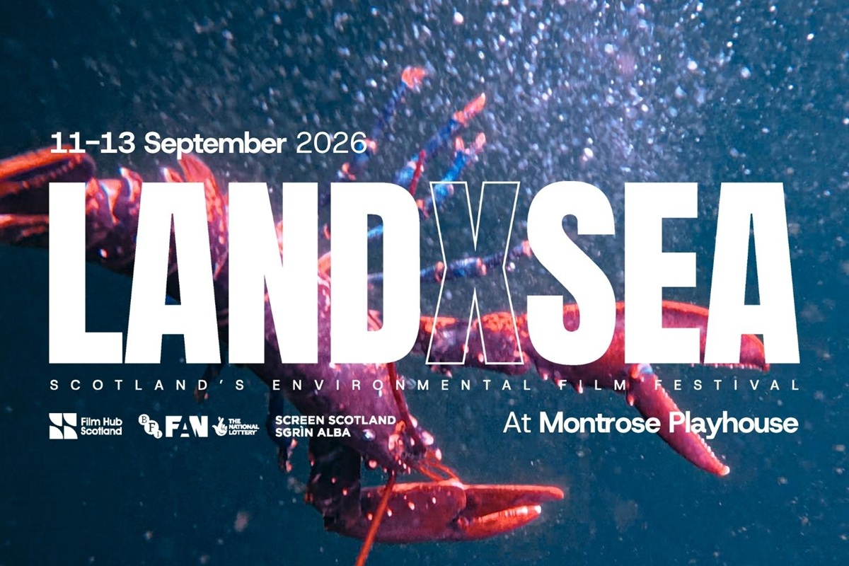 Promotional poster for the LANDxSEA environmental film festival, featuring an underwater photograph of a lobster surrounded by bubbles, with large white text reading “LANDxSEA”, event dates of 11–13 September 2026, and venue information stating “At Montrose Playhouse”.