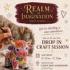 Promotional poster for Realm of Imagination Craft Studio, featuring a hand painting a colourful ceramic Highland cow figure, with information about a drop-in craft session on Saturday from 10.30am to 12.30pm, hosted in the coffee shop conservatory at Peel Farm.